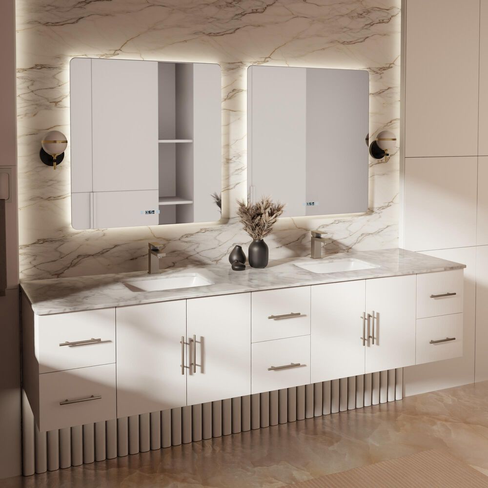 Lexora Home Geneva 84" Double Bathroom Vanity in Glossy White with 2 cm White Carrara Marble Top and Rectangular Sinks, , large