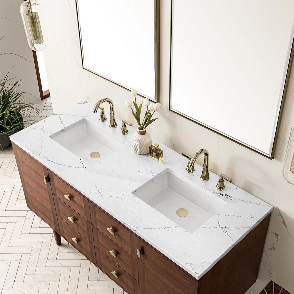 James Martin Vanities Amberly 60&quot; Double Bathroom Vanity in Walnut with 3 cm Arctic Fall Solid Surface Top and Rectangular Sinks, , large