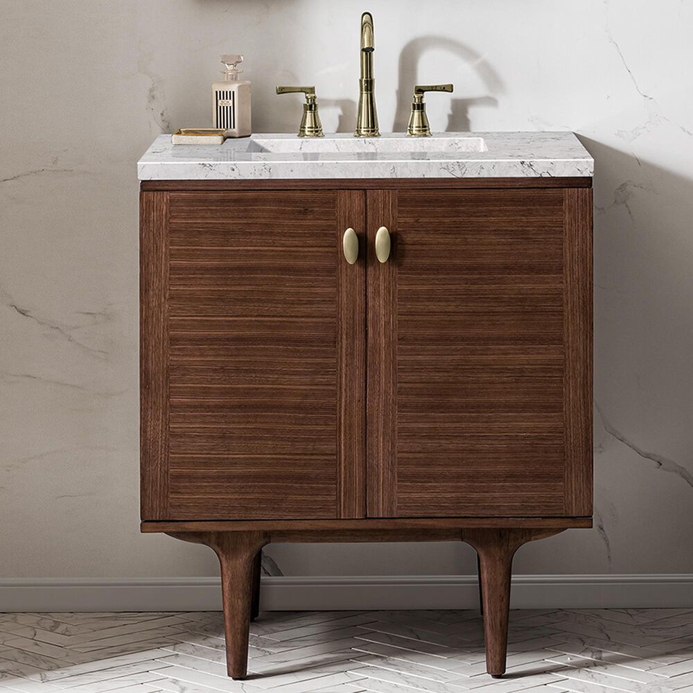 James Martin Vanities Amberly 30&quot; Single Bathroom Vanity in Walnut with 3 cm Eternal Jasmine Pearl Quartz Top and Rectangular Sink, , large