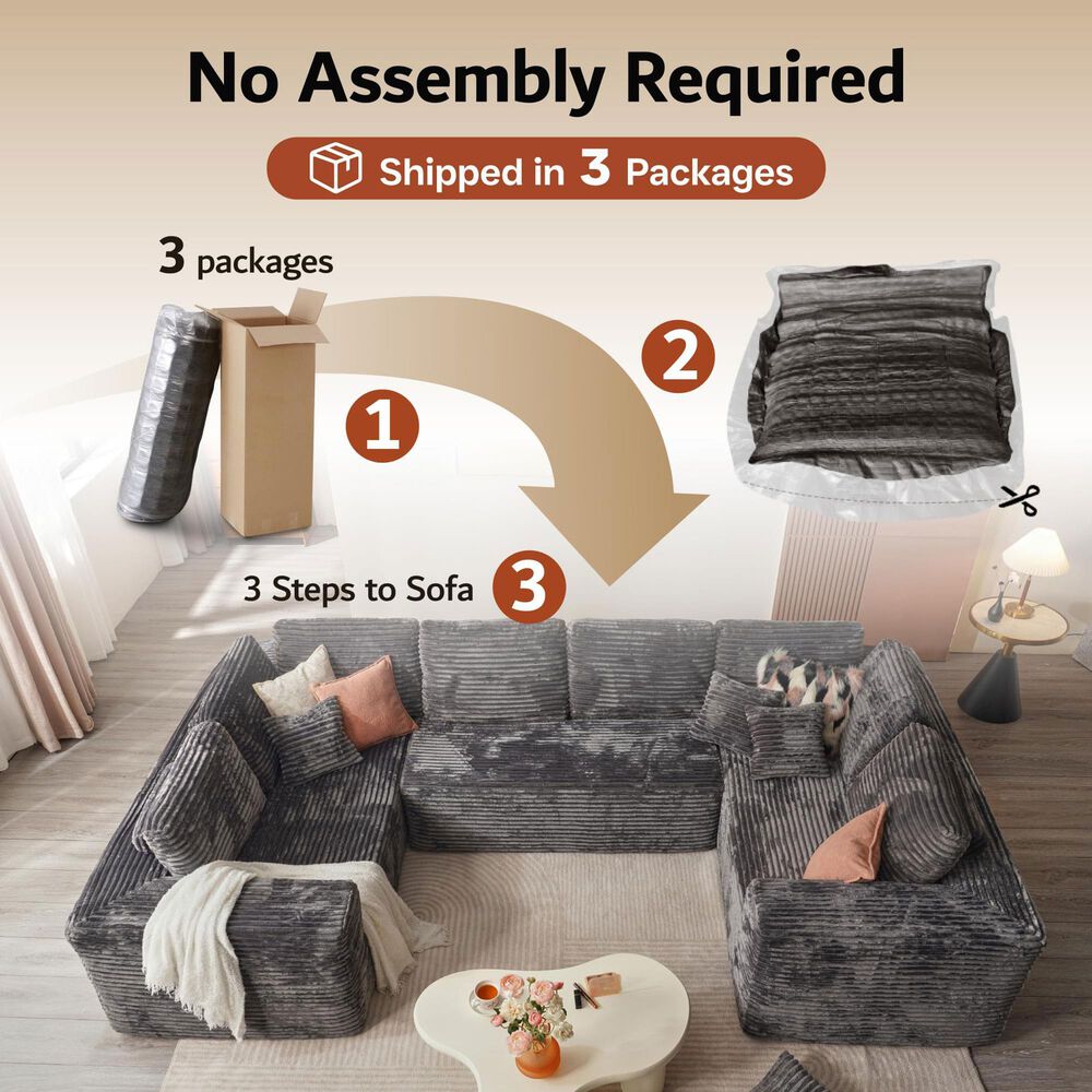 HOMLUX Modular Sectional Cloud Couch, Plush Corduroy U Shaped Sofa with Chaise, Big Comfy Couches Set in Grey, , large