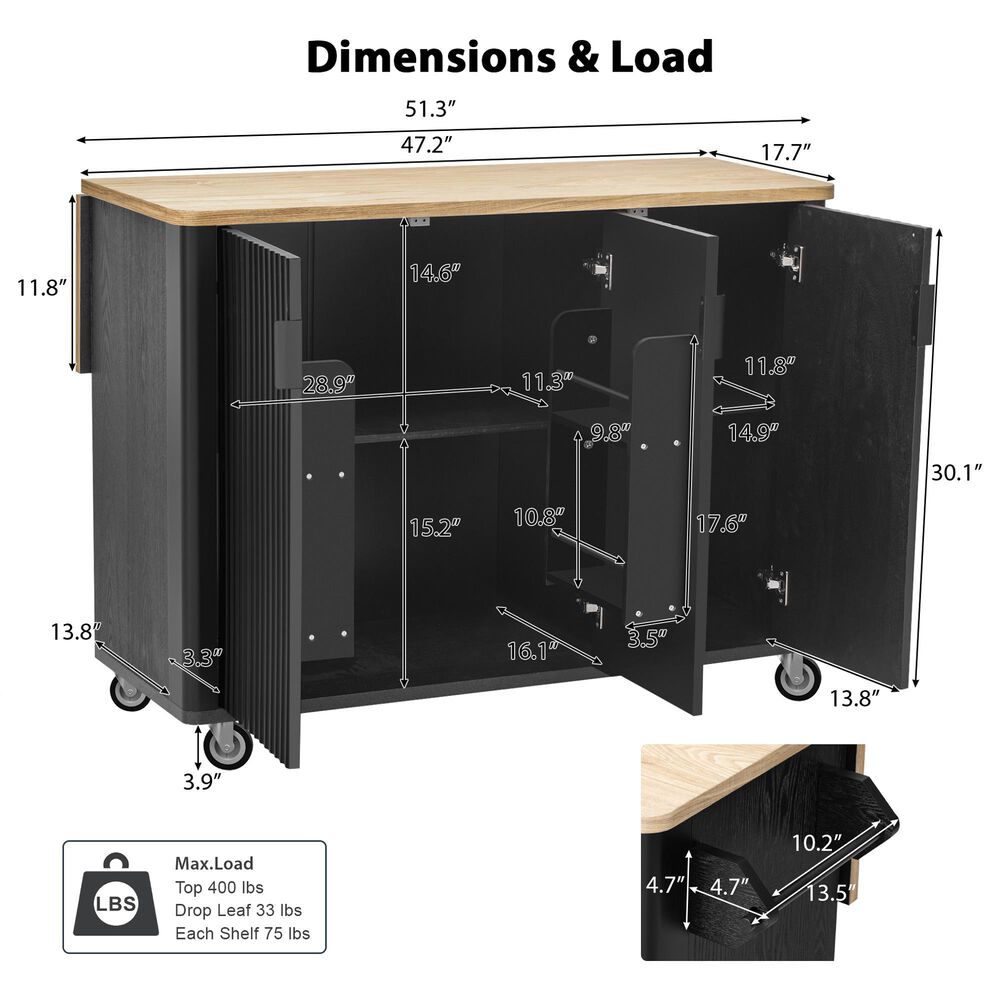 HOMLUX 51" Fluted Kitchen Island with Drop Leaf in Black Ash, , large