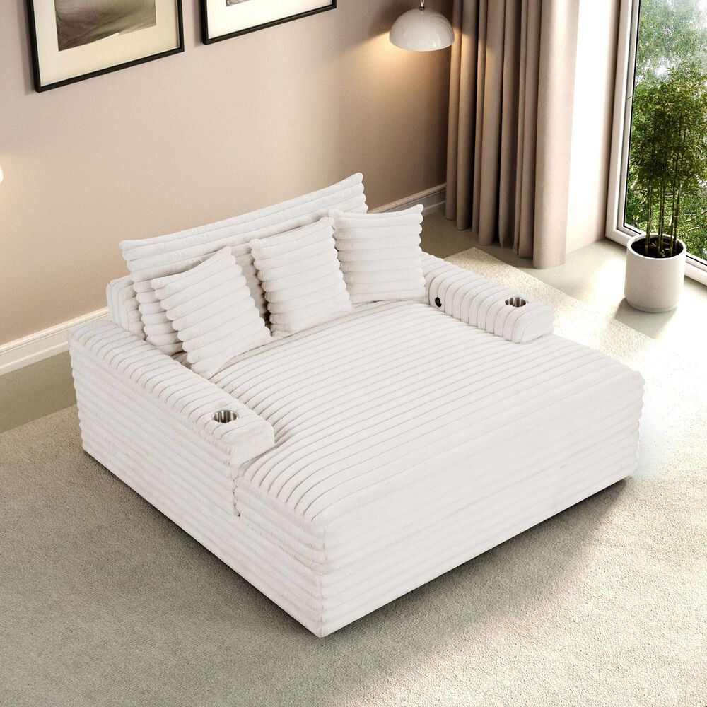 Furniture of America Tavedestrand Oversized Chaise Lounger with Cupholders and USB Ports in White, , large