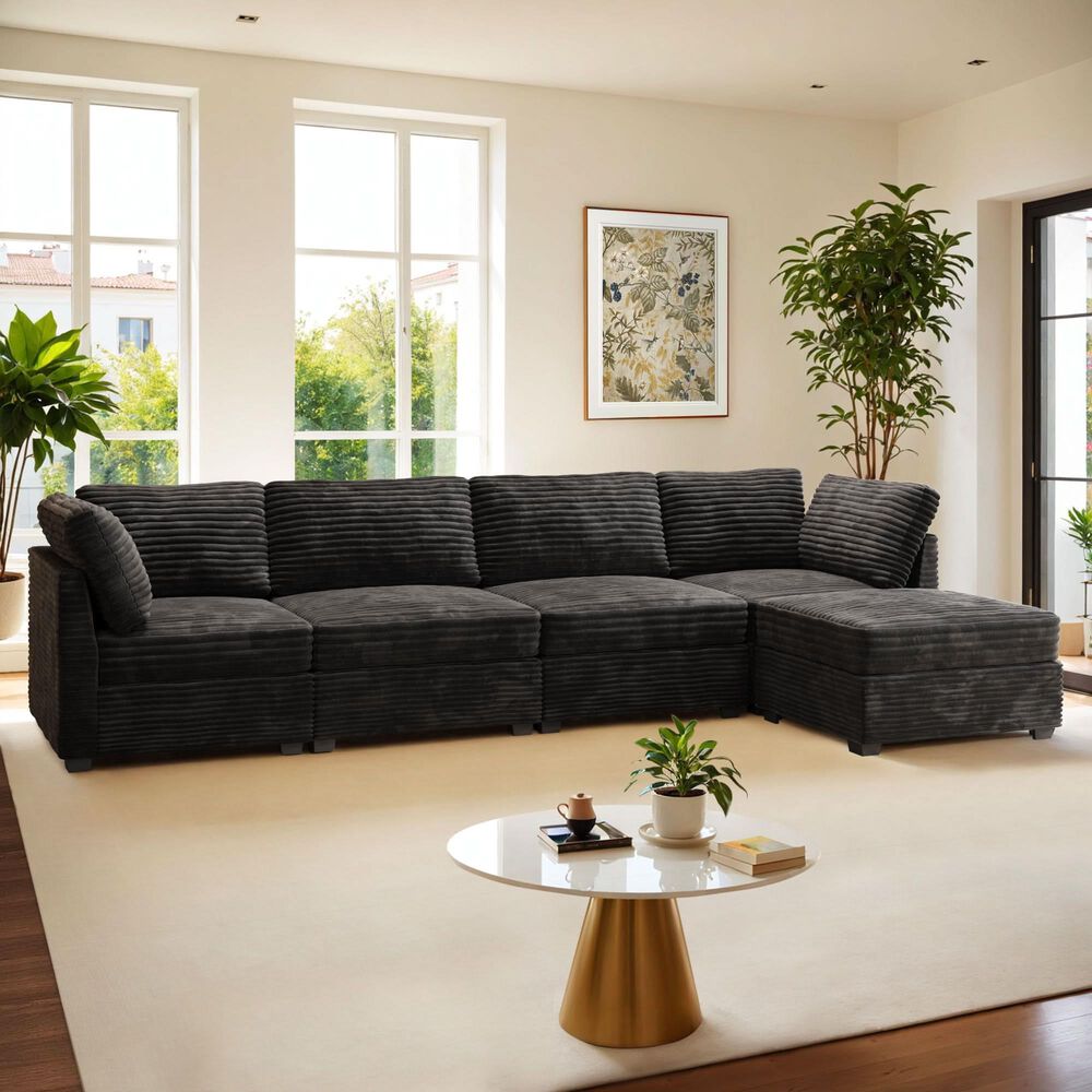 HOMLUX 5-Piece Mod Sectional with Ottoman in Black, , large