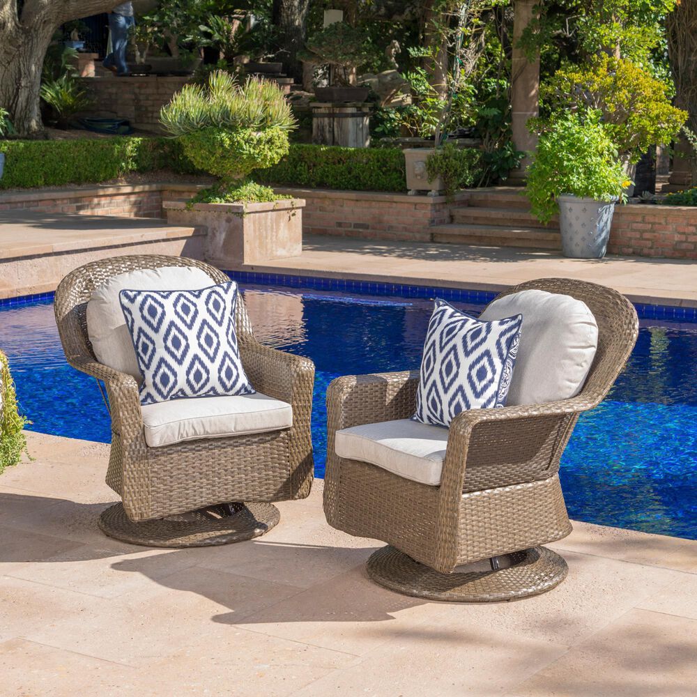 Hearth and Haven Liam Swivel Club Chair with Beige Cushion in Brown &#40;Set of 2&#41;, , large
