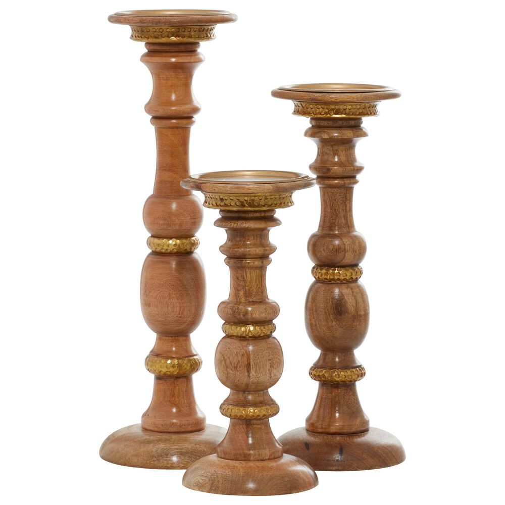 Maple and Jade Natural Mango Wood Candle Holder Set of 3 in Brown, , large