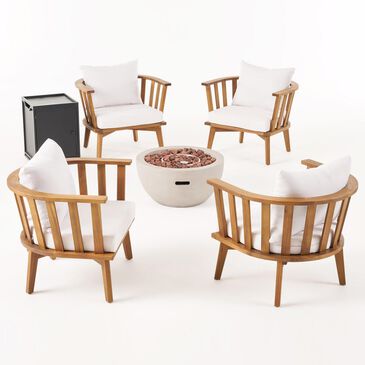Noble House Flagler 6-Piece Patio Fire Pit Chat Set in Teak Brown and Light Gray, , large