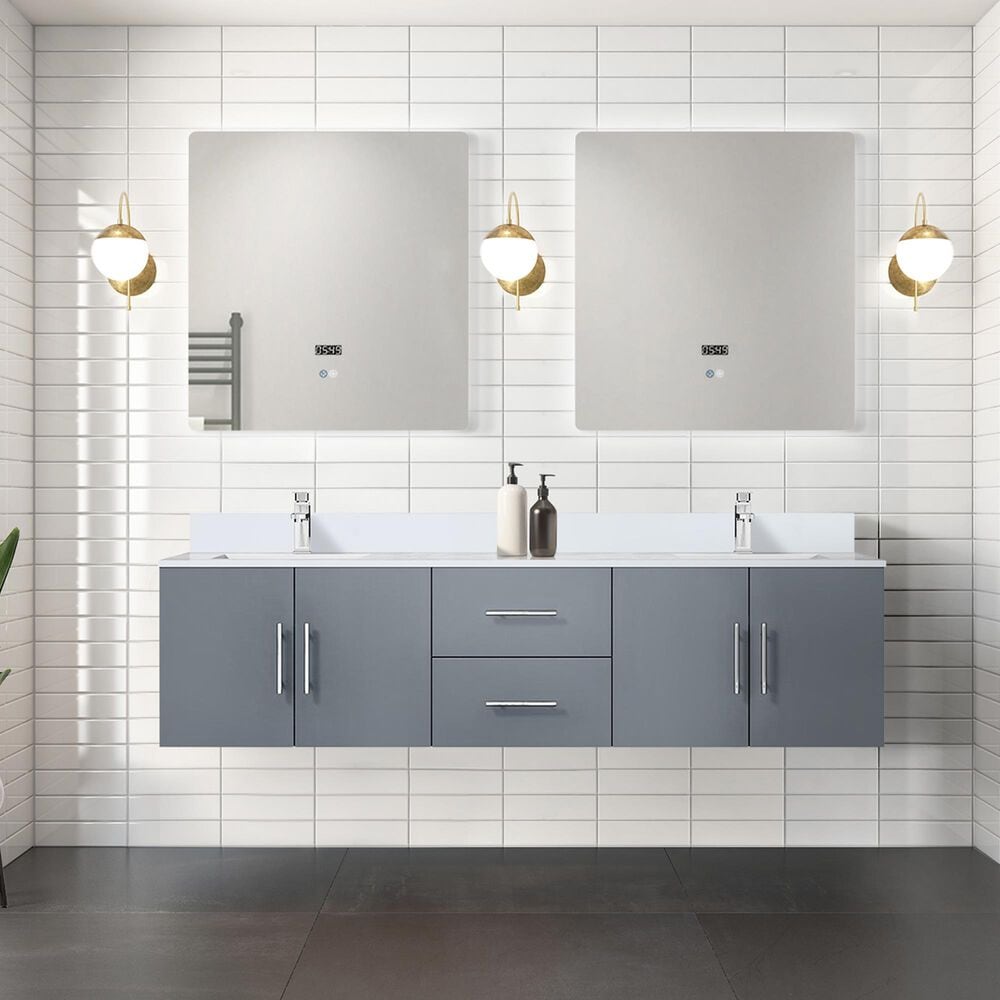 Lexora Home Geneva 72&quot; Double Bathroom Vanity in Dark Grey with 2 cm White Quartz Top and Rectangular Sinks, , large