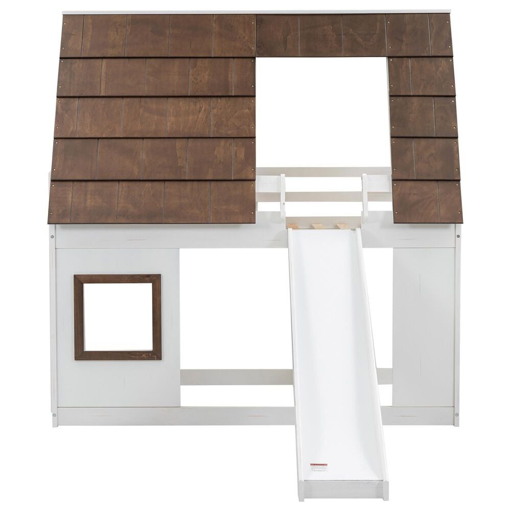 Hearth and Haven Twin over Twin House Bunk Bed with Roof in White and Brown, , large