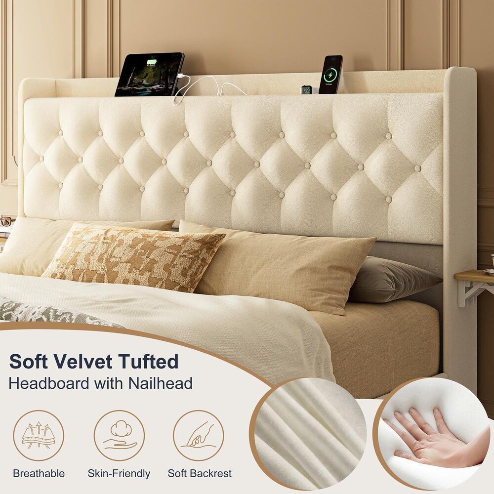 HOMLUX Queen Upholstered Platform Storage Bed in Beige, , large