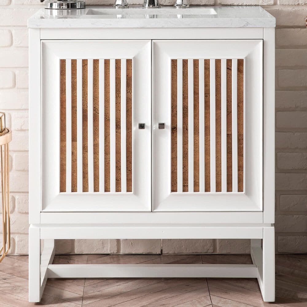 James Martin Vanities Athens 30&quot; Single Bathroom Vanity in Glossy White with 3 cm Carrara White Marble Top and Rectangular Sink, , large