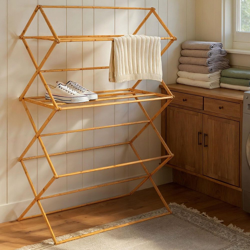 Household Essentials Oversized Clothes Drying Folding Rack with 11 Dowels in Natural, , large