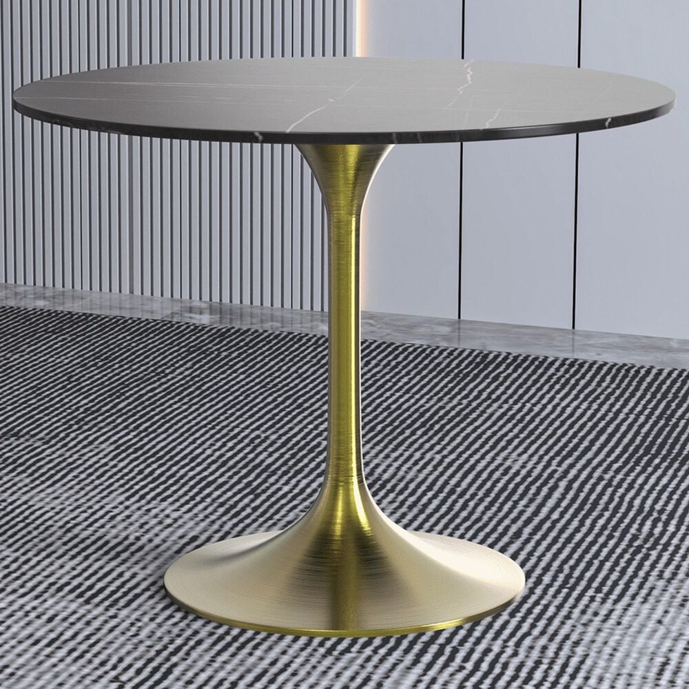 Leisuremod LeisureMod Verve Collection 36 Round Dining Table, Brushed Gold Base with Sintered Stone Black Top, , large