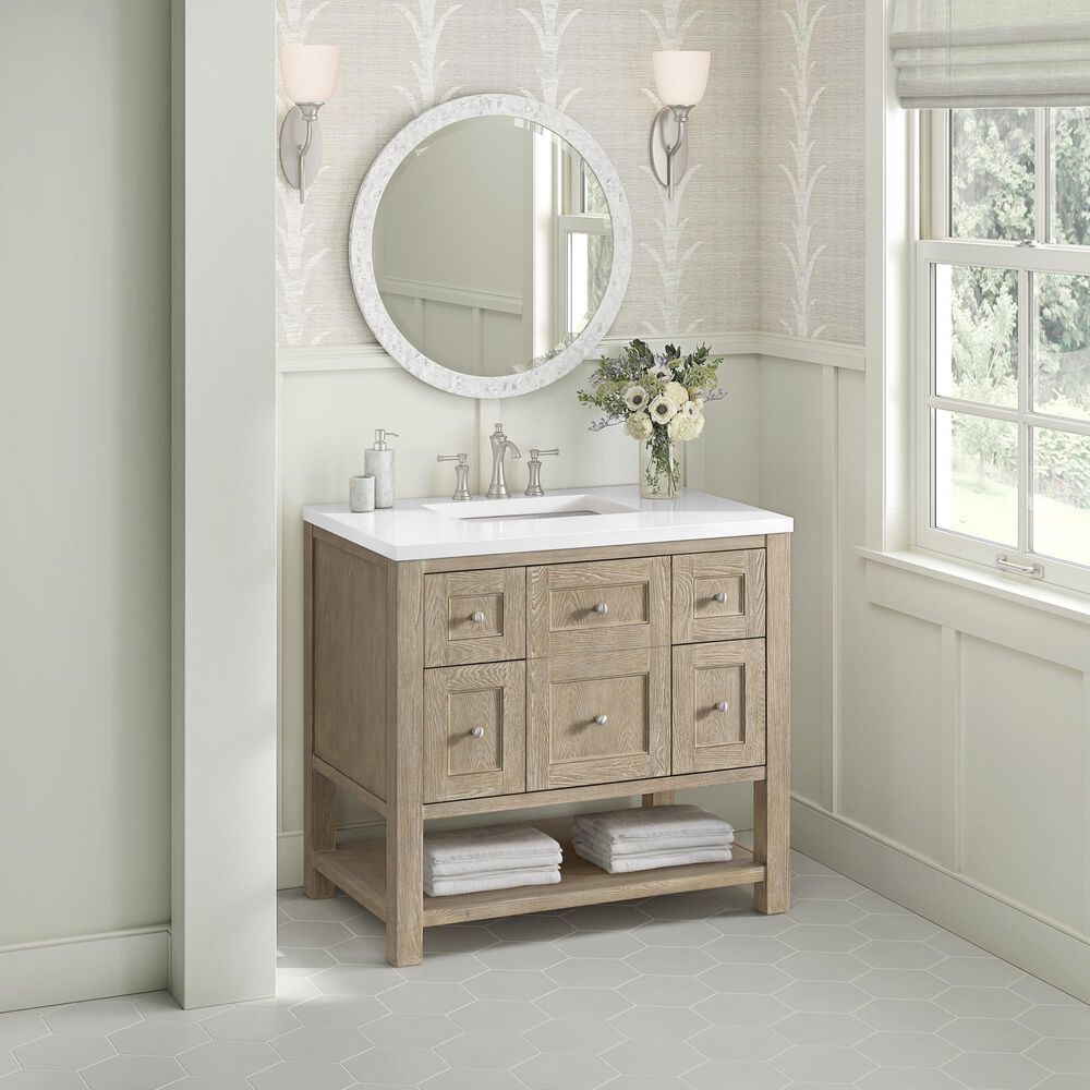 James Martin Vanities Breckenridge 36&quot; Single Vanity in Whitewashed Oak with 3 cm White Zeus Quartz Top, , large