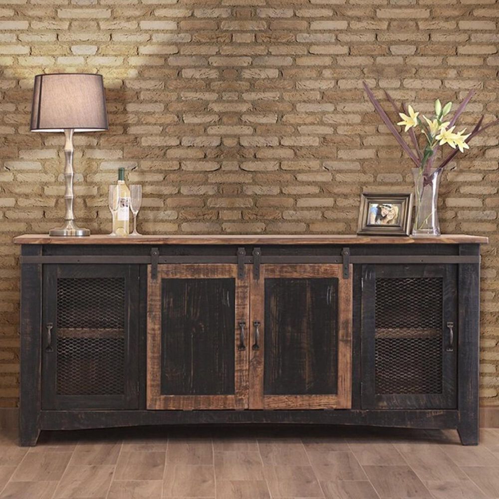 Fallridge Pueblo 80" TV Stand with 4-Door and Shelve in Black Rubbed, , large