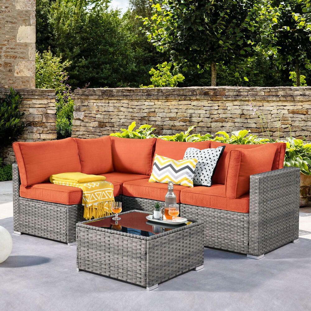 HOMLUX 5-Piece Patio Conversation Set with Two Ottomans in Orange Red, , large