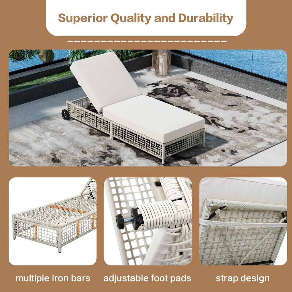 HOMLUX Adjustable Outdoor Chaise Lounge with Wheels and Creamy White Rattan in Beige (Set of 2), , large