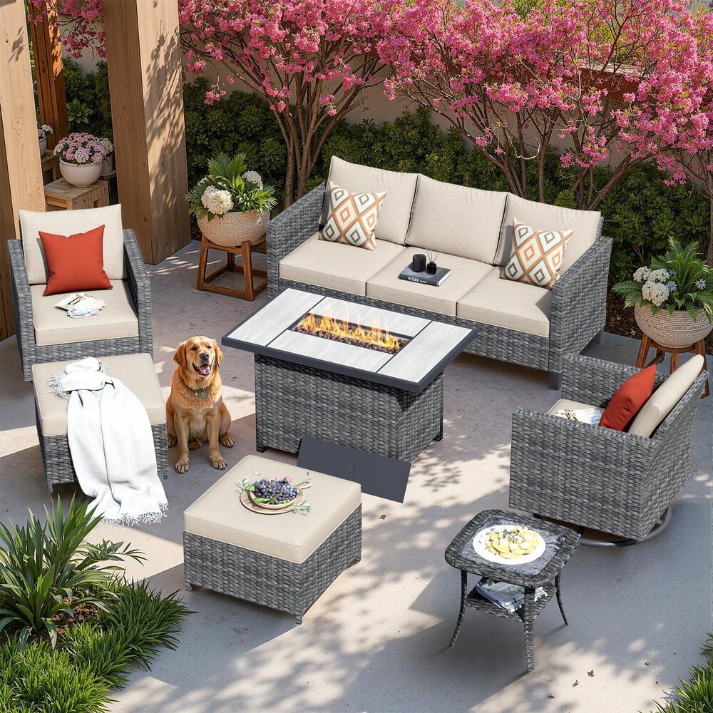 HOMLUX 7-Piece Patio Conversation Set with Rocking Chairs and Fire Pit Table in Beige, , large