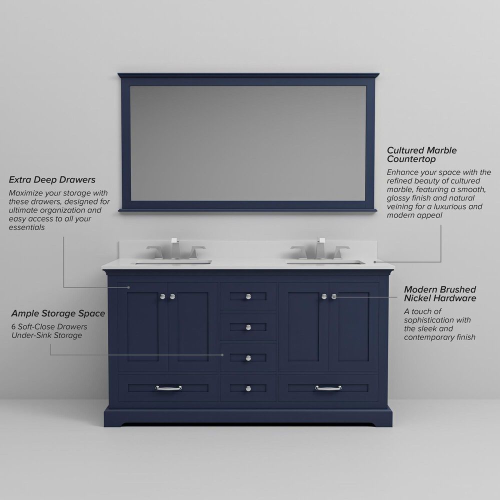 Lexora Home Dukes 60" Double Bathroom Vanity in Navy Blue with 2 cm White Cultured Marble Top and Rectangular Sinks, , large
