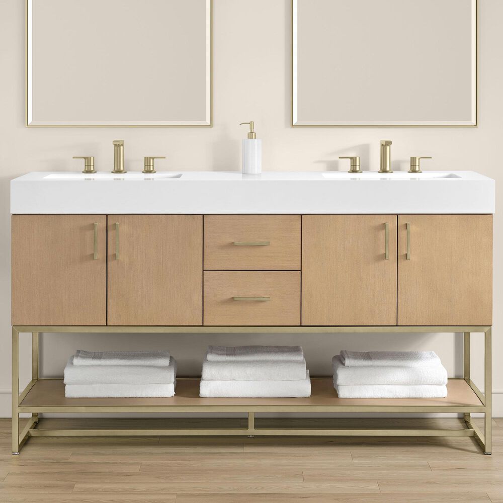 37B Mauri 60" Double Bathroom Vanity with Metal Base in Warm Oak with High-Profile 4" White Composite Stone Top, , large