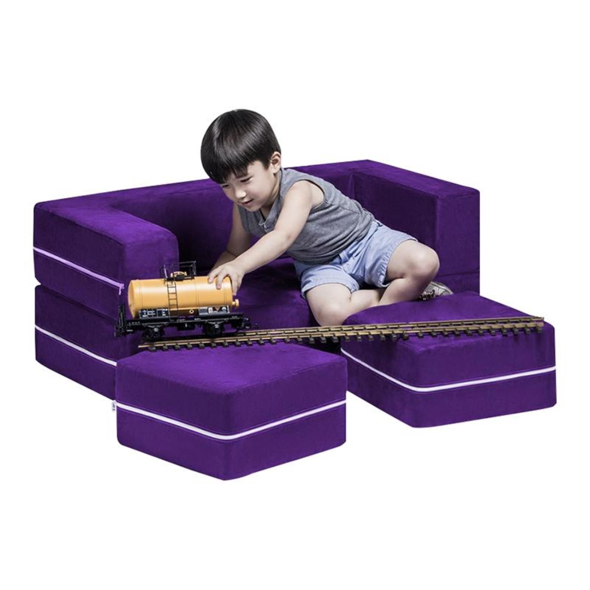 Jaxx Sacks Zipline Modular Kids Loveseat Ottomans in Grape