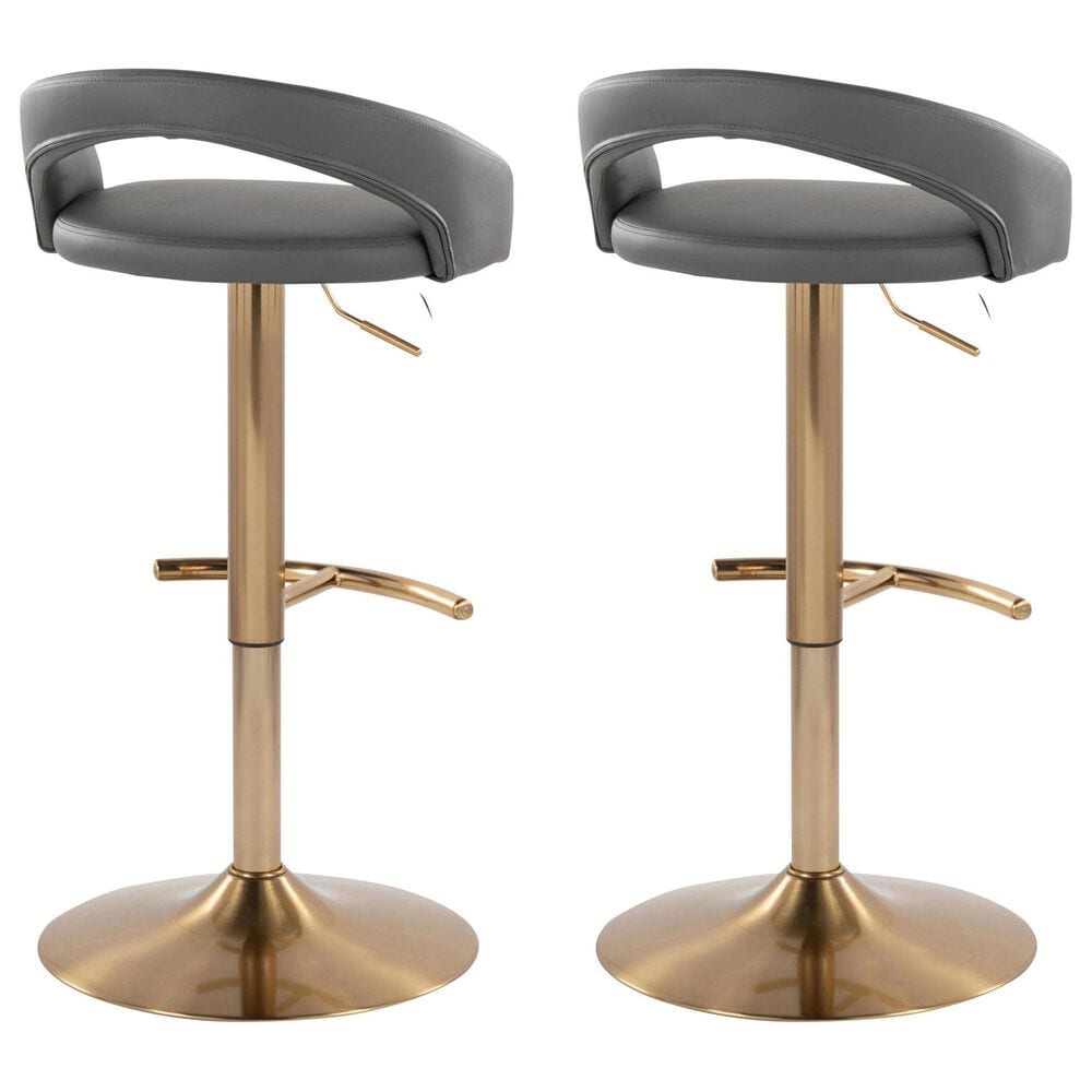 LumiSource Grotto Adjustable Bar Stool with Grey Faux Leather Upholstery in Gold (Set of 2), , large