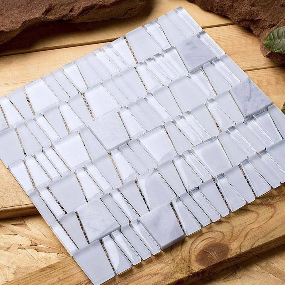 Mirrella Avery Pure White 12" x 12" Glass and Stone Mosaic Tile, , large