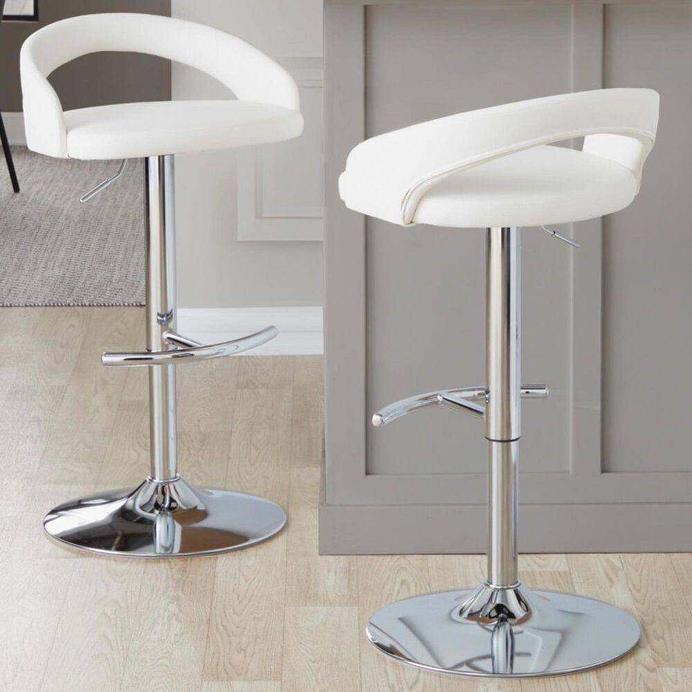 LumiSource Grotto Swivel Adjustable Bar Stool with White Faux Leather Upholstery in Chrome (Set of 2), , large