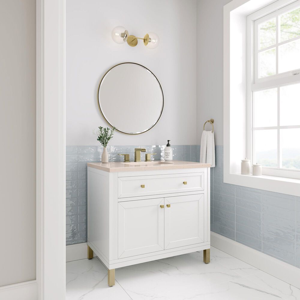 James Martin Vanities Chicago 36&quot; Single Bathroom Vanity in Glossy White with 3 cm Eternal Marfil Quartz Top and Rectangular Sink, , large