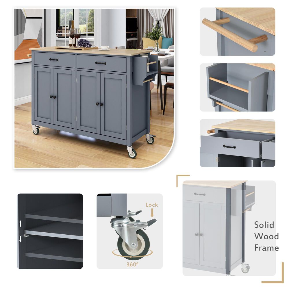 HOMLUX 54" Kitchen Island with Solid Wood Top and Locking Wheels in Grey Blue, , large