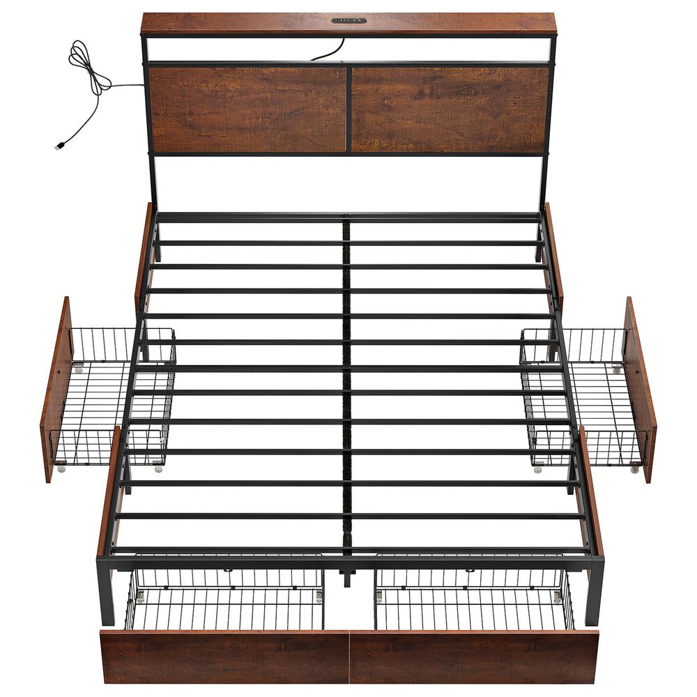 HOMLUX Queen 4-Drawer Storage Bed with LED Headboard in Rustic Brown, , large