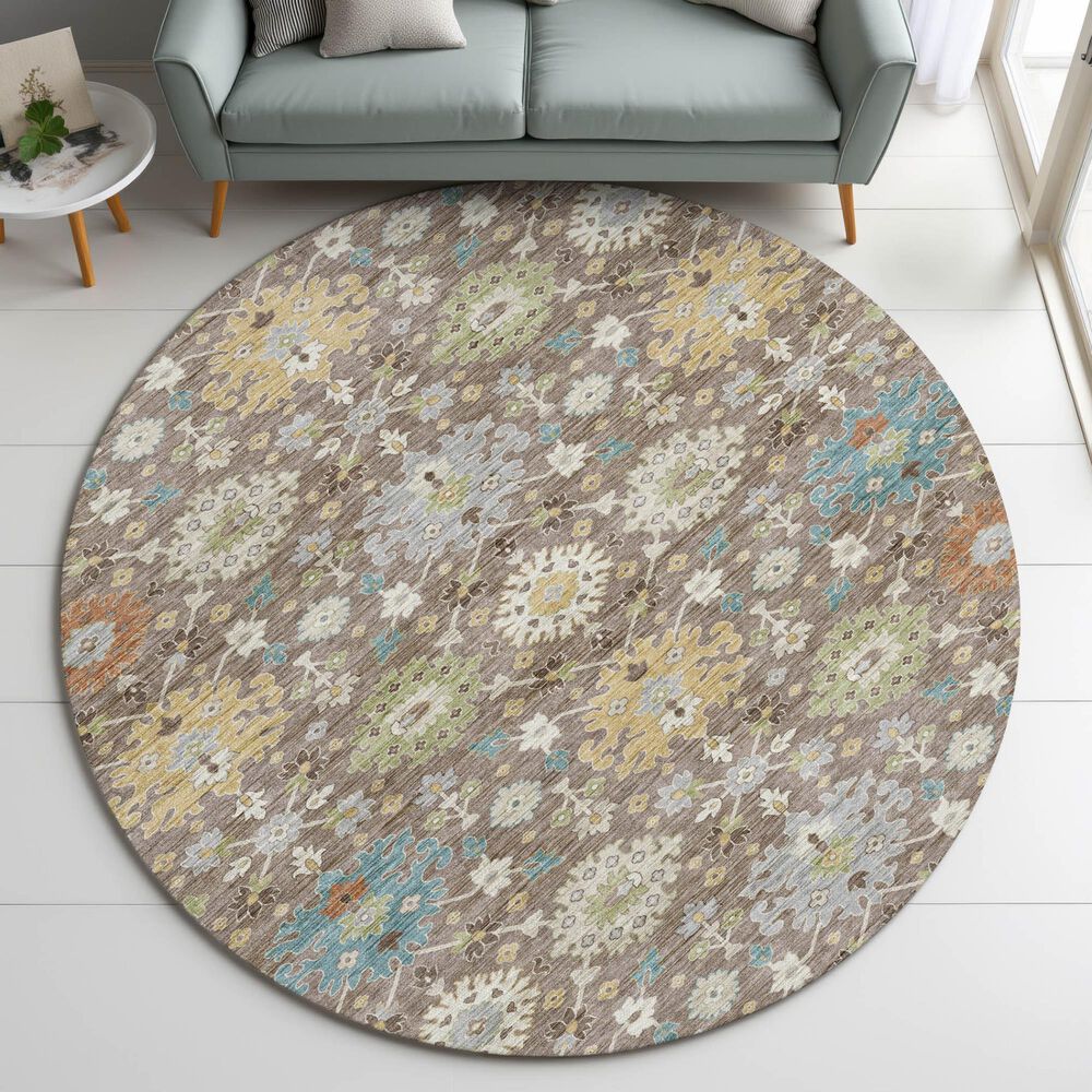 Dalyn Rug Company Silk Road Mocha, Ivory, Gold, Blue, Copper, Aloe and Gray 8&#39; Round Area Rug, , large