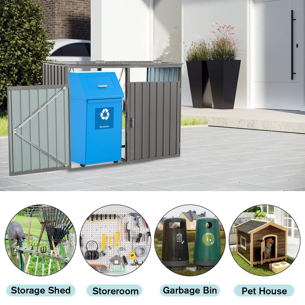 Hearth and Haven Outdoor Metal Garbage Bin Shed for 2 Trash Cans with Lockable Doors in Gray, , large