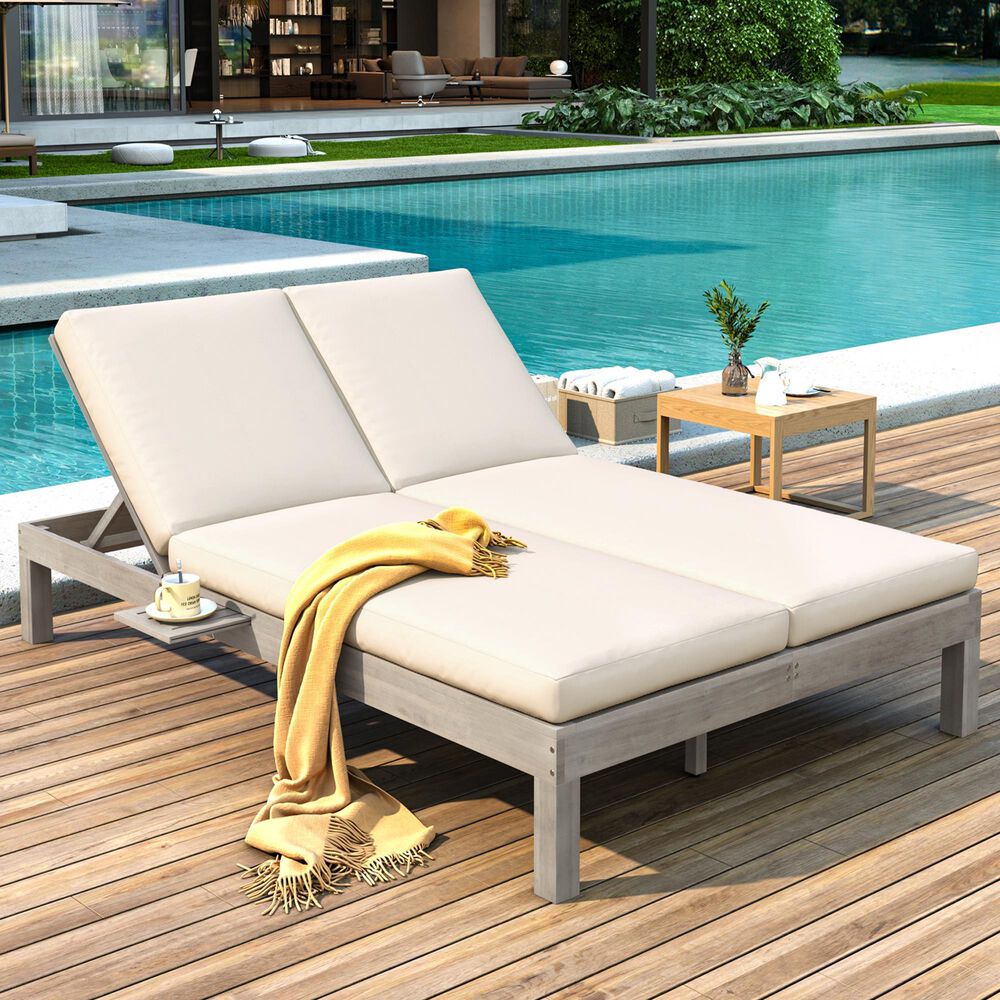 HOMLUX Patio 2-Person Chaise Lounge with Folding Side Tables and Gray Frame in Beige, , large