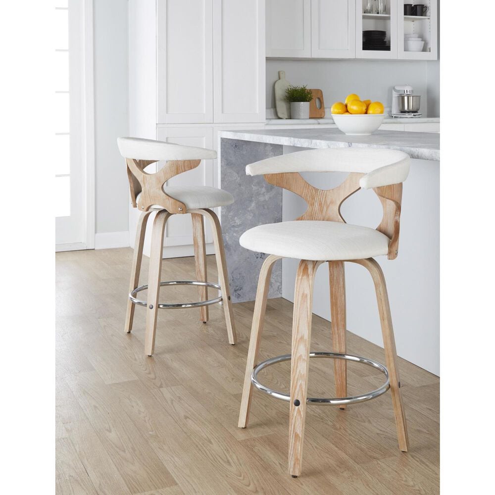 LumiSource Gardenia Swivel Fixed-Height Counter Stool with Cream Fabric Upholstery in Chrome and Whitewashed (Set of 2), , large