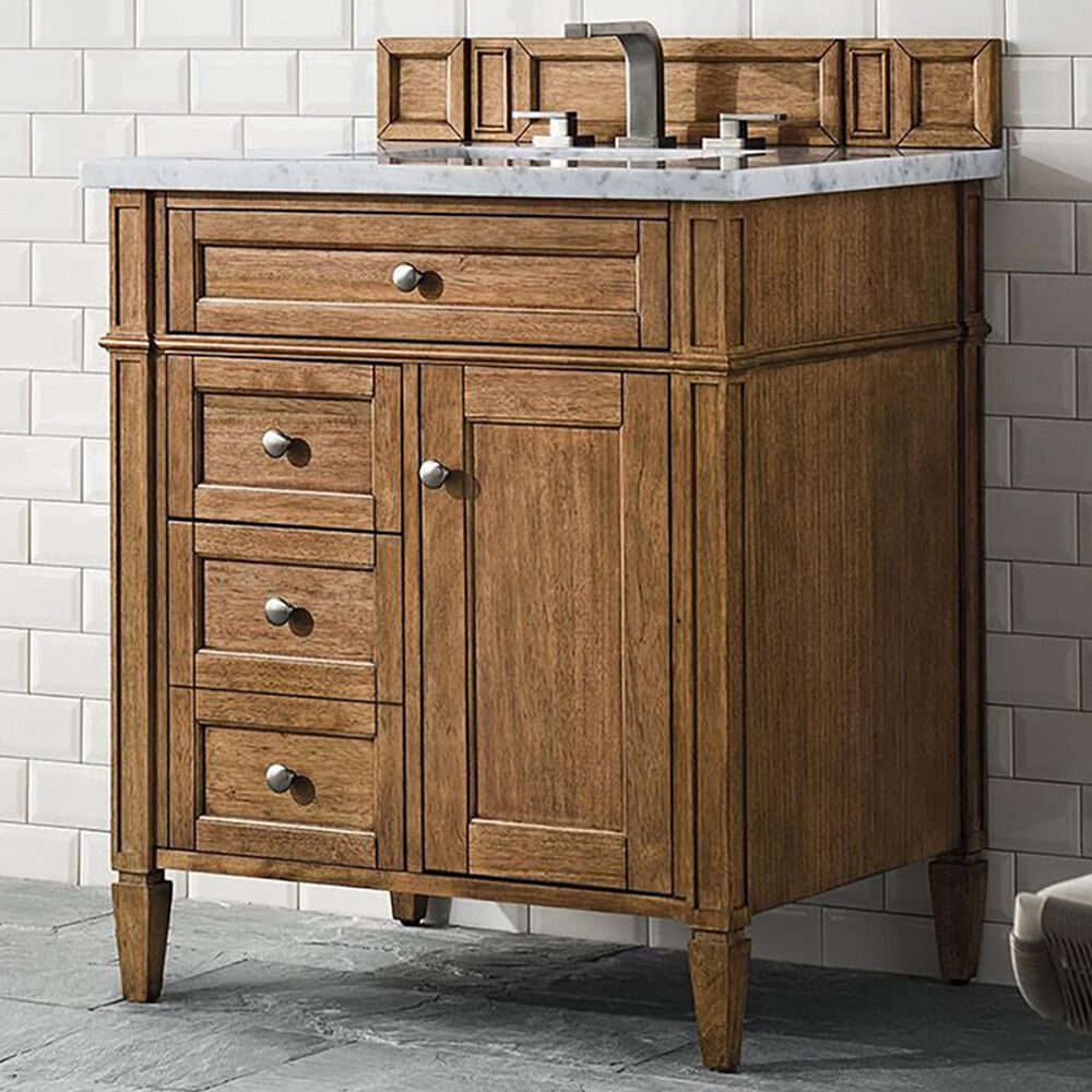 James Martin Vanities Brittany 30&quot; Single Bathroom Vanity in Saddle Brown with 3 cm Eternal Jasmine Pearl Quartz Top and Rectangular Sink, , large