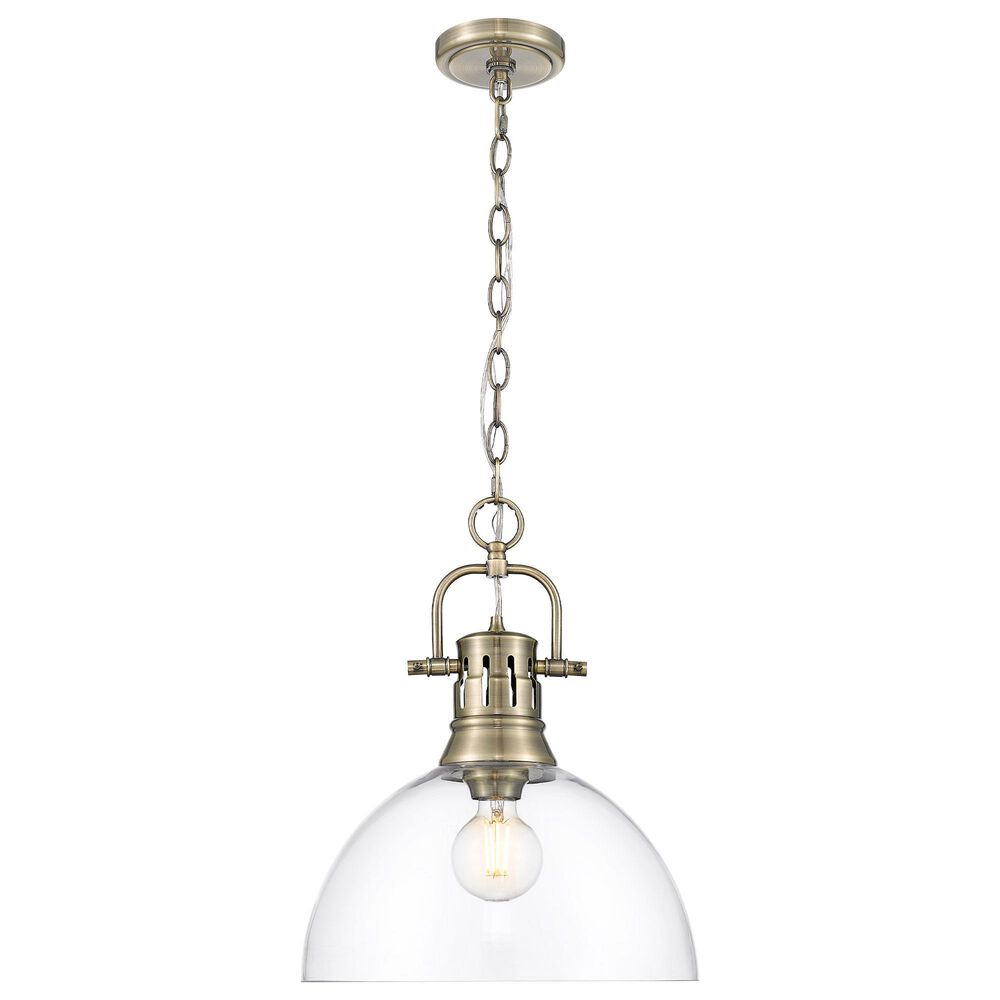Golden Lighting Duncan 1-Light Pendant with Chain and Clear Glass Shade in Aged Brass, , large
