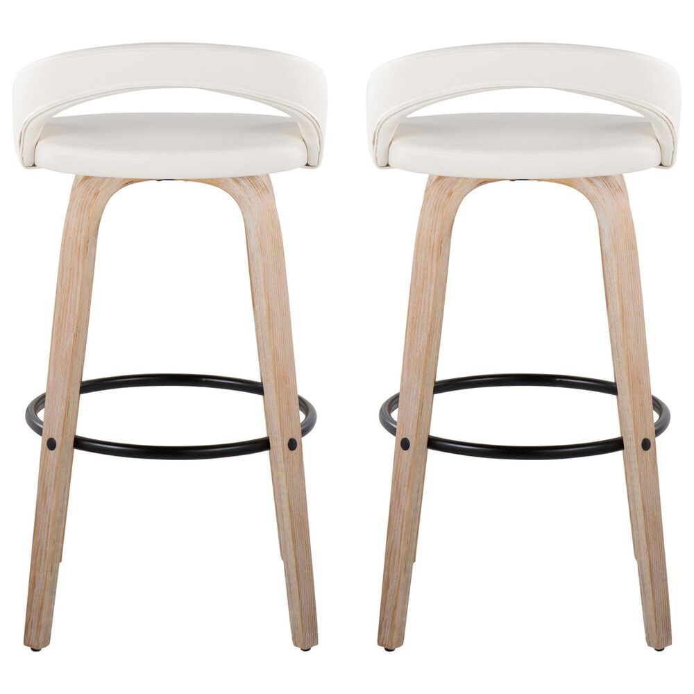 LumiSource Grotto Swivel Bar Stool with White Faux Leather Upholstery in Whitewashed Wood and Black (Set of 2), , large