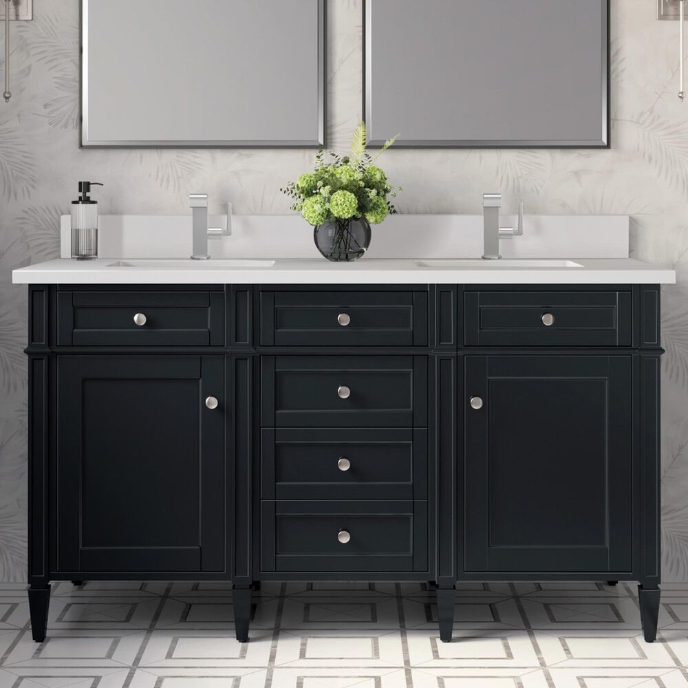 James Martin Vanities Brittany 60&quot; Double Bathroom Vanity in Black Onyx with 3 cm White Zeus Quartz Top and Rectangular Sinks, , large