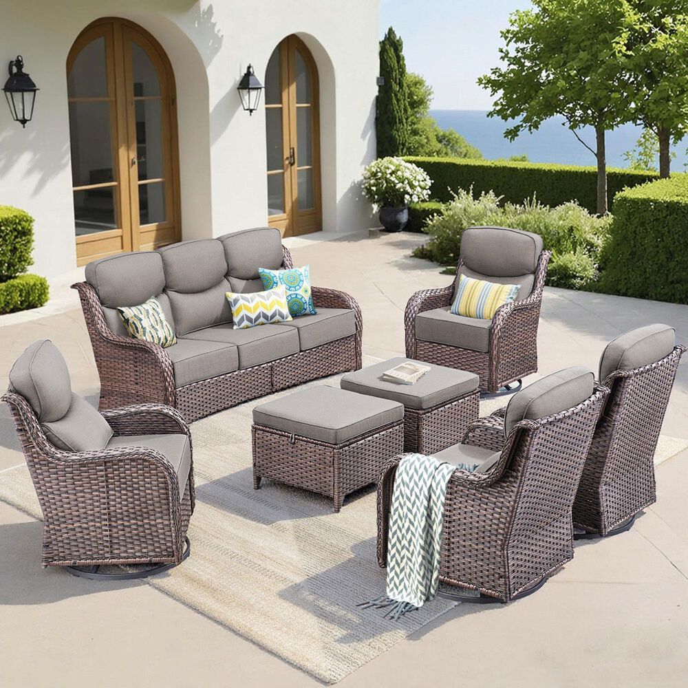 Sunwell Garden Patio Ottoman with Gray Cushion in Brown (Set of 2), , large