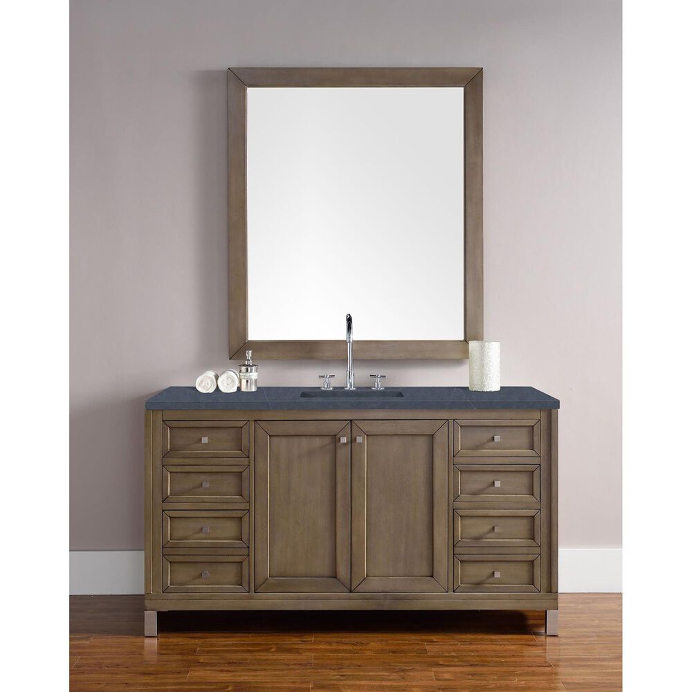 James Martin Vanities Chicago 60&quot; Single Bathroom Vanity in Whitewashed Walnut with 3 cm Charcoal Soapstone Quartz Top and Rectangular Sink, , large
