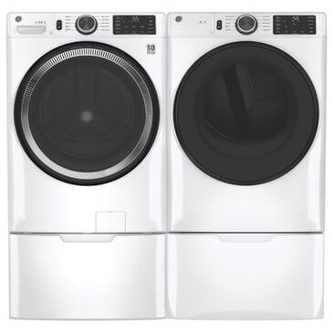 GE Appliances 4.8 Cu. Ft. Front Load Washer and 7.8 Cu. Ft. Electric Dryer Laundry Pair with Pedestal in White, , large