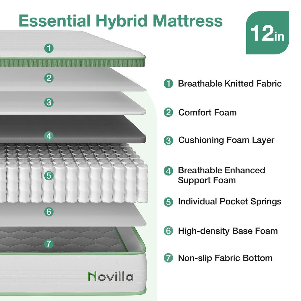 Novilla Grove 12" Medium Hybrid King Mattress in a Box, , large