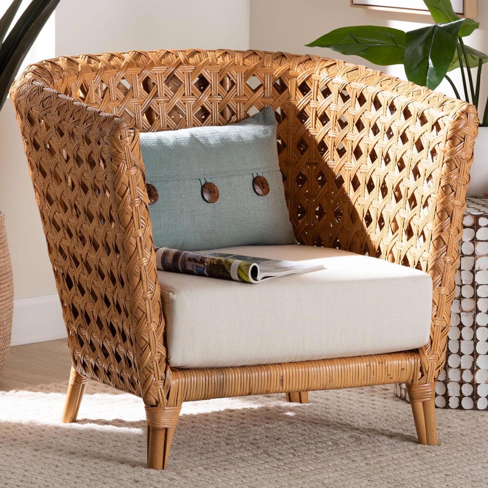 Baxton Studio Daiwa Accent Chair with Light Honey Rattan in White, , large