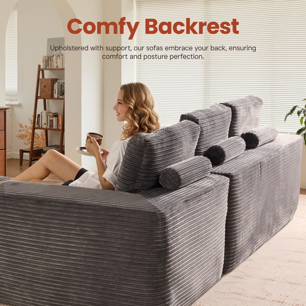 HOMLUX 2-Piece Stationary Right-Facing Chaise with Loveseat and Corduroy Fabric Upholstery in Grey, , large