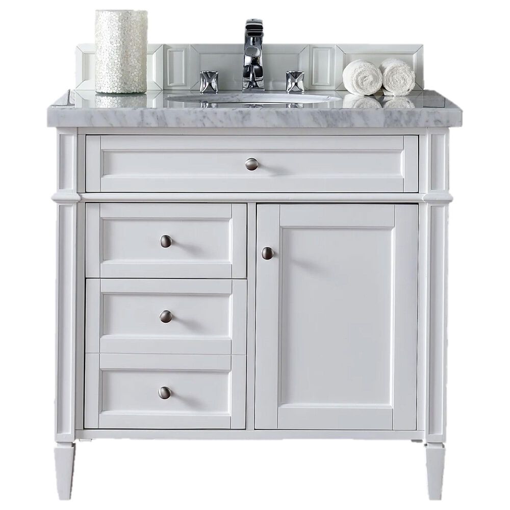 James Martin Vanities Brittany 36" Single Bathroom Vanity in Bright White with 3 cm Carrara White Marble Top and Rectangle Sink, , large