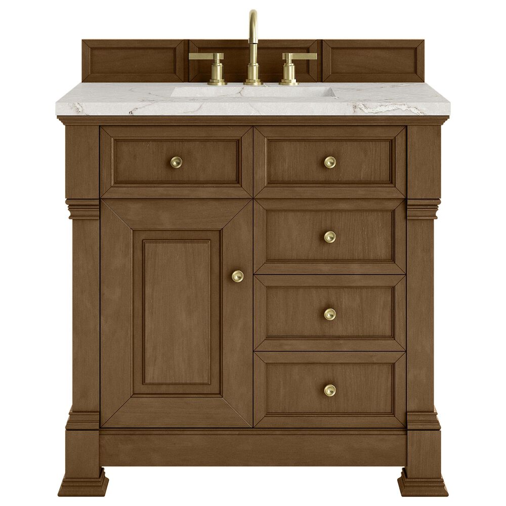 James Martin Vanities Brookfield 36" Single Bathroom Vanity in Honey Oak with 3 cm Victorian Silver Quartz Top and Rectangular Sink, , large