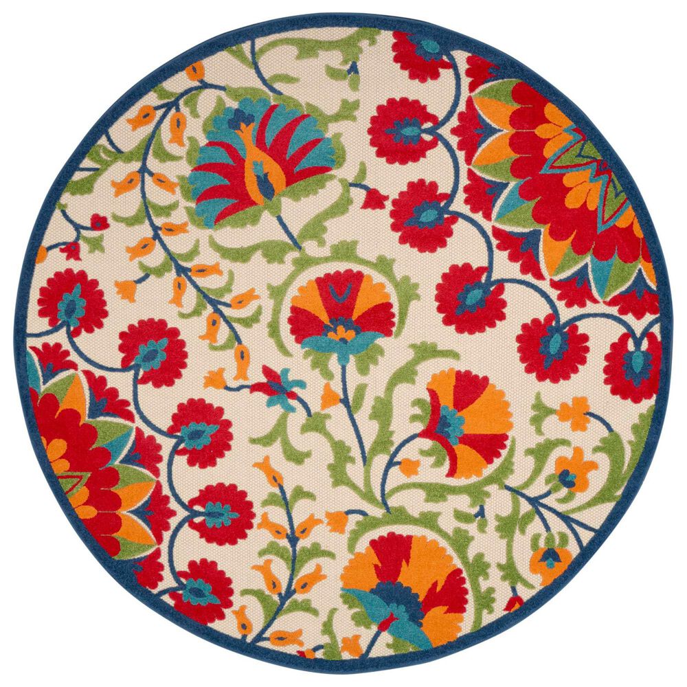 Nourison Aloha Floral 7"10" Round Red and Multicolor Indoor/Outdoor Area Rug, , large