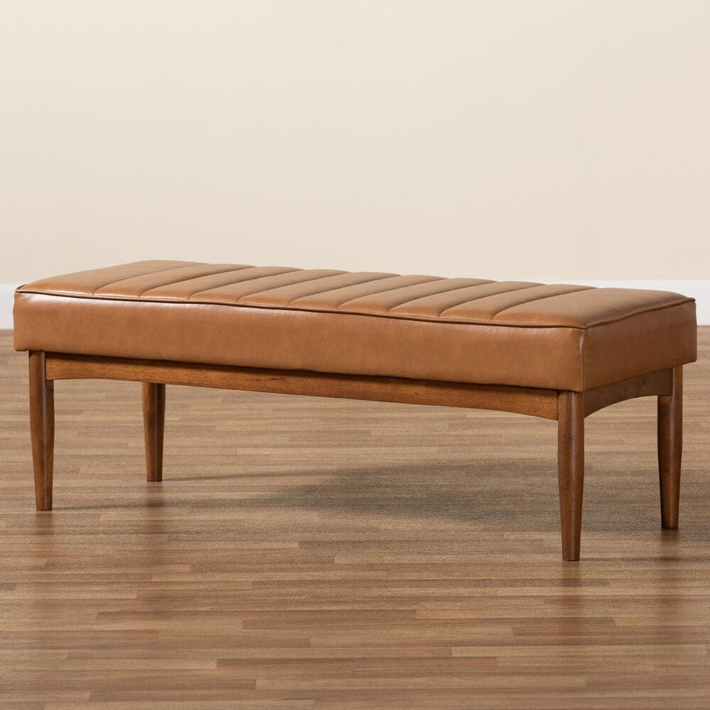 Baxton Studio Daymond Dining Bench with Tan Cushion in Walnut Brown, , large