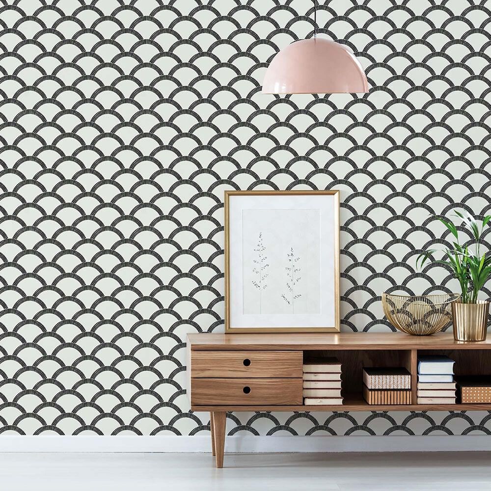 Tempaper 28 sq. ft. Mosaic Scallop Black &amp; Cream Peel and Stick Wallpaper, , large