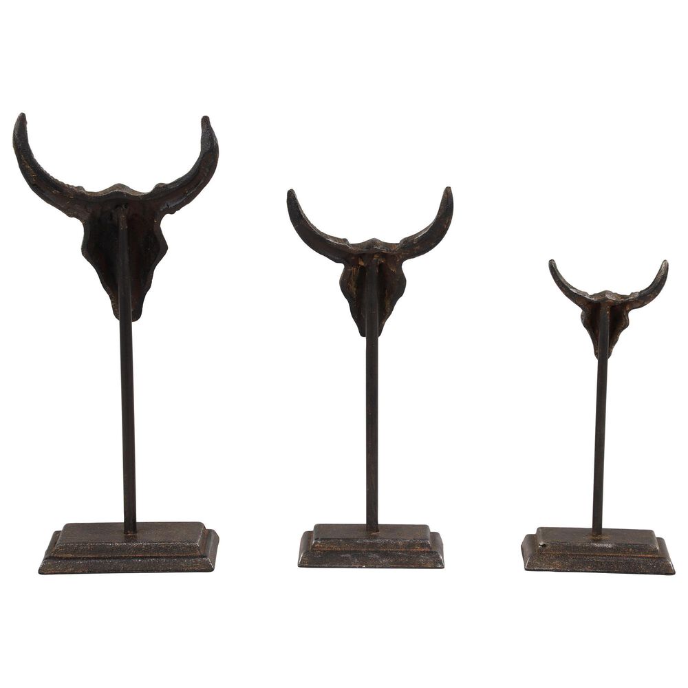 Maple and Jade Bull Skull Sculpture in Matte Gray &#40;Set of 3&#41;, , large